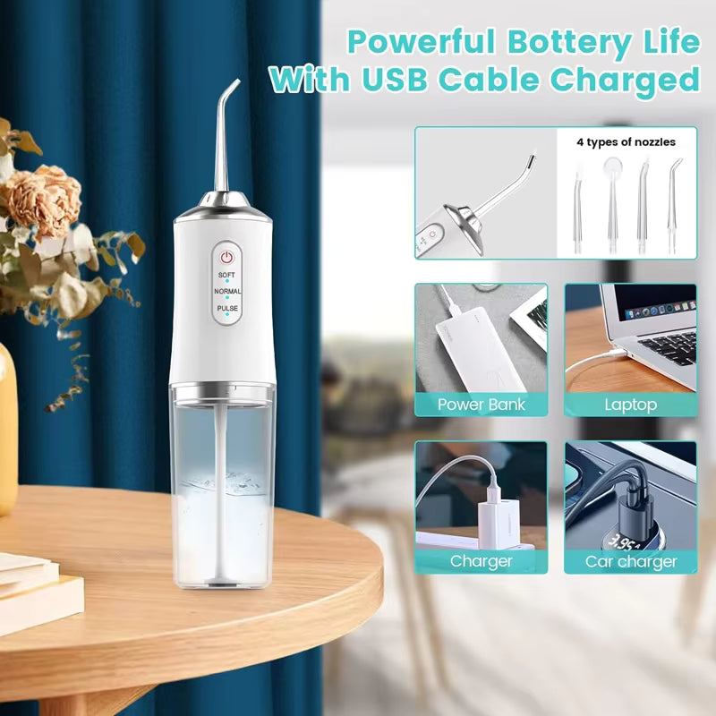 Movelty Pro – Irrigador Dental Portátil con 4 Boquillas, 4 Modos de Presión, Depósito 220ml, Recargable USB, Certificado CE