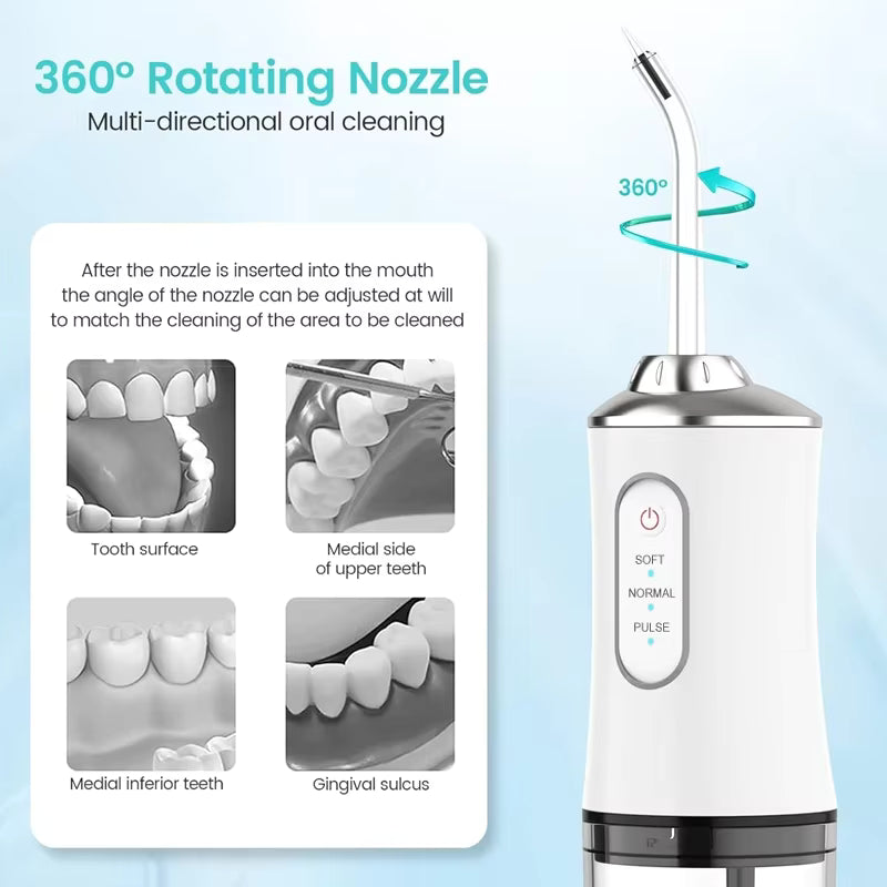 Movelty Pro – Irrigador Dental Portátil con 4 Boquillas, 4 Modos de Presión, Depósito 220ml, Recargable USB, Certificado CE